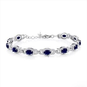 Natural Blue Sapphire CZ Gemstone Tennis Bracelet 925 Sterling Silver